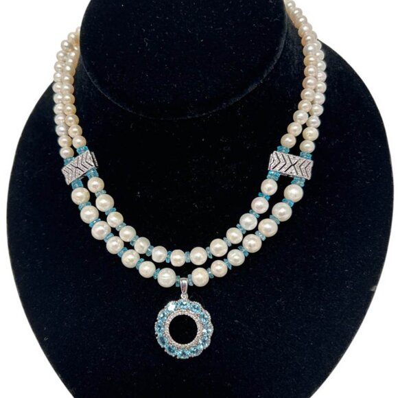 Two Strands Pearl, And Apatite  Necklace With Apatite Pendant - Picture 2 of 5